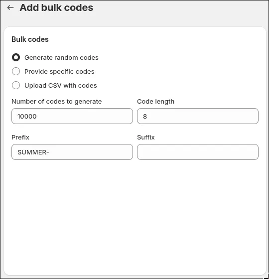 Add bulk codes form generating 10,000 random codes with the prefix SUMMER-