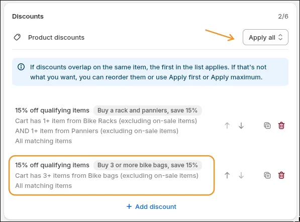 Both discounts in one list, the Apply all selector, and the note about overlapping discounts