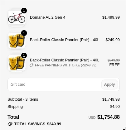 Checkout with the bike at full price and one pannier free