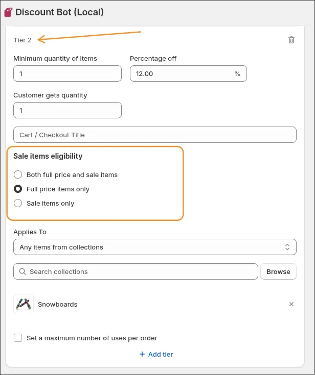 Get Y tier with its own sale items eligibility setting