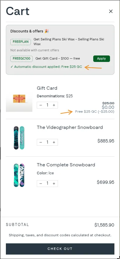 Cart widget confirming an automatic Buy X Get Y discount applied