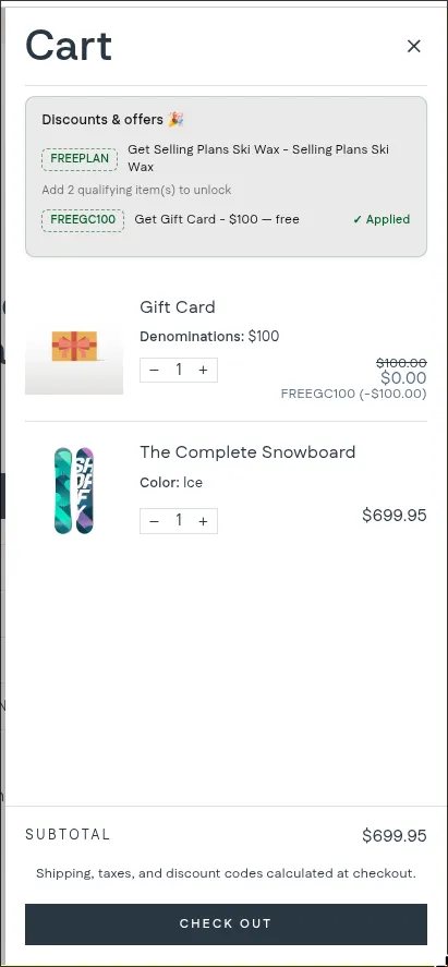 Cart after Apply: the gift is in the cart at $0 and the code is applied