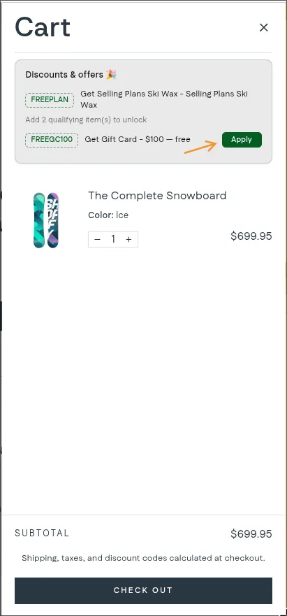 Cart widget showing a claimable free-gift code with one-click Apply