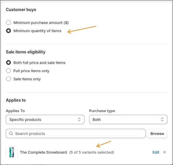 The Customer buys section: the minimum and which items qualify