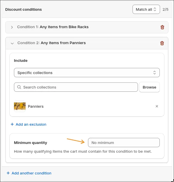 Condition editor scoped to the Panniers collection with No minimum quantity