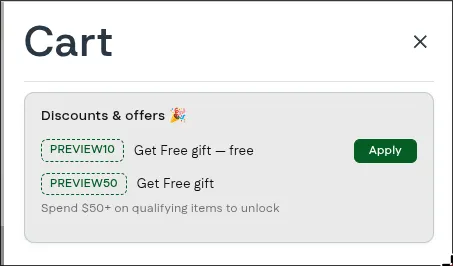 Cart widget preview mode with sample offers