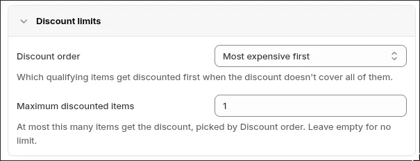 Discount limits section with Maximum discounted items set to 1