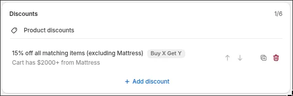 The deal summarized as 15% off all matching items, excluding Mattress