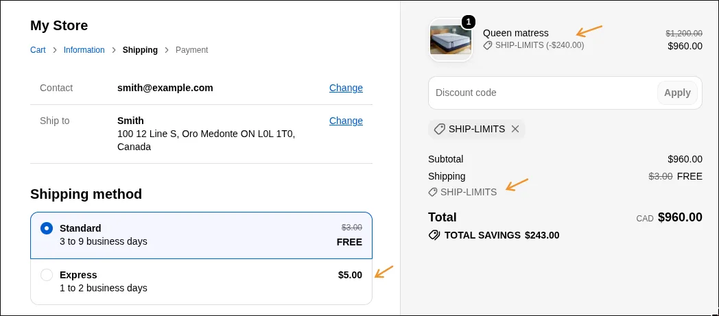 Checkout where Standard shipping is free with the code applied and Express remains $5.00