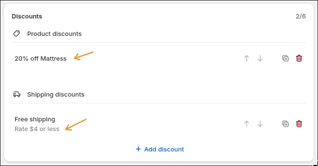 Free shipping discount summarized as Rate $4 or less, next to a 20% product discount on the same Super Discount