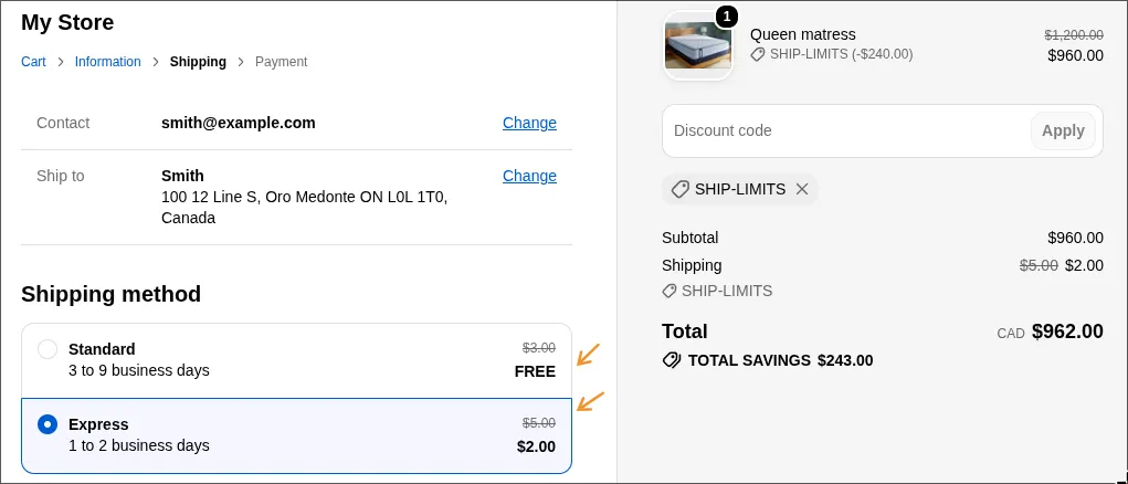 Checkout where Standard shipping is free and Express is reduced to $2.00 by the capped discount