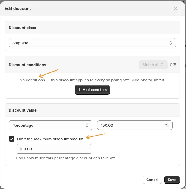 Shipping discount at 100% with no conditions and the maximum discount amount limited to $3.00