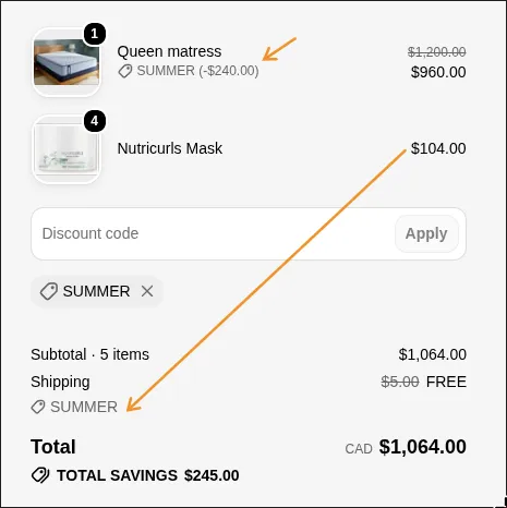 Cart where a single code takes 20% off a mattress and makes shipping free once mask spend passes $100