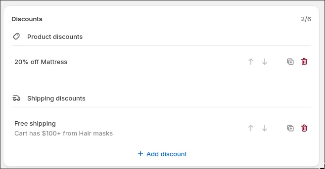 Super Discount with a 20% product discount on mattresses and a free shipping discount conditioned on the cart having $100 or more from the Hair masks collection