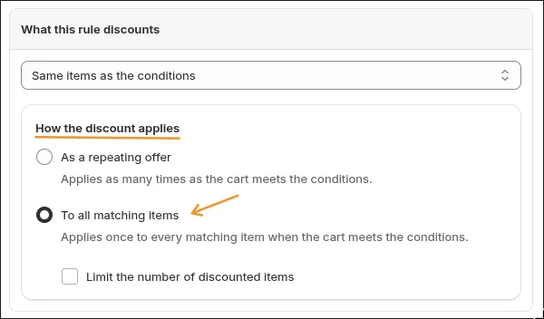 How the discount applies, set to To all matching items