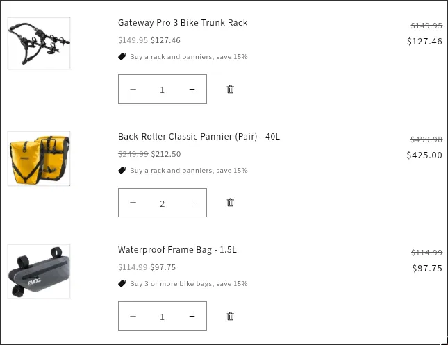 Cart with a rack, two pairs of panniers and a frame bag, each line 15% off