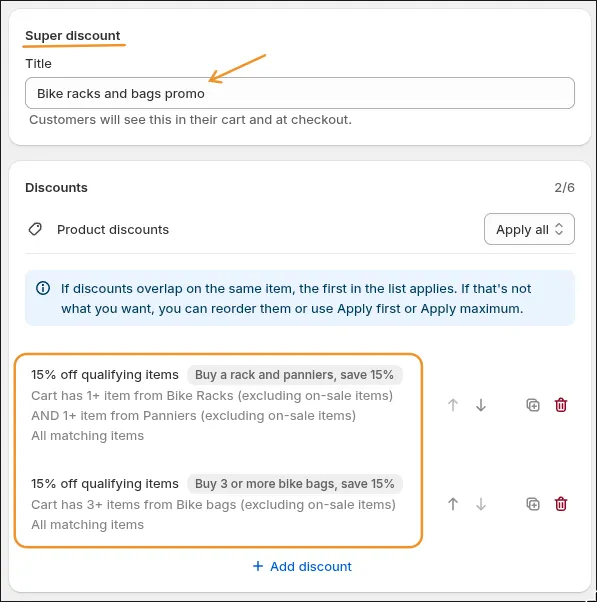 The finished Super Discount: two discounts in one list, set to Apply all