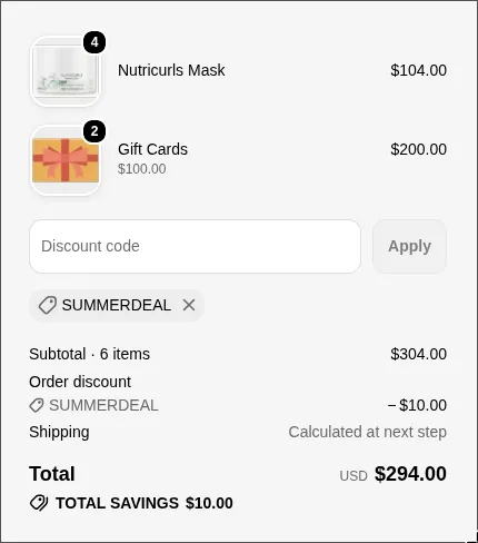 Cart with a $304 subtotal where $200 of gift cards don't count toward the minimum, earning the $10 tier