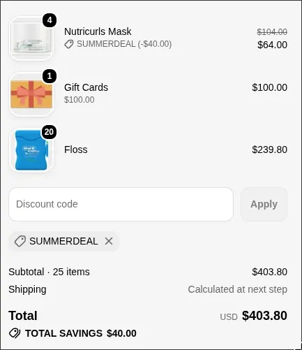 Cart where four masks each get $10 off while a gift card and twenty floss packs stay at full price
