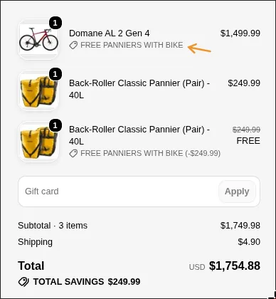 Checkout with the discount name shown under the qualifying bike