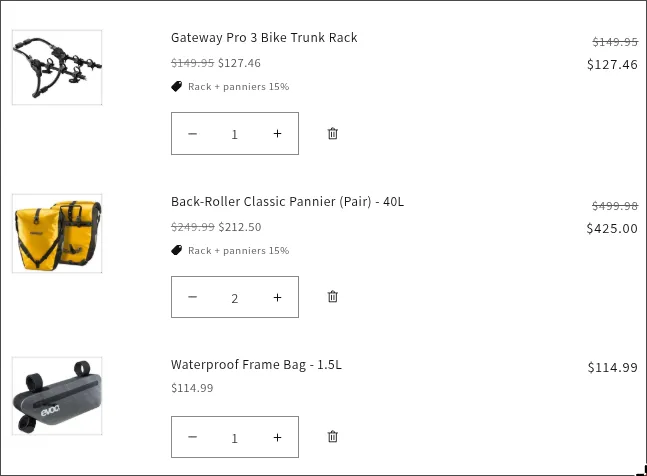 Cart with two separate discounts: the rack and panniers are 15% off, the frame bag is full price