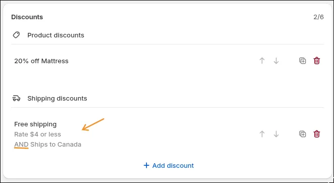 Shipping discount summarized as Rate $4 or less AND Ships to Canada, next to a 20% product discount