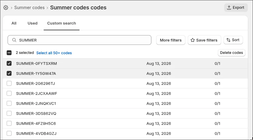 Code list for a bulk discount showing search, per-code usage, and the Export button