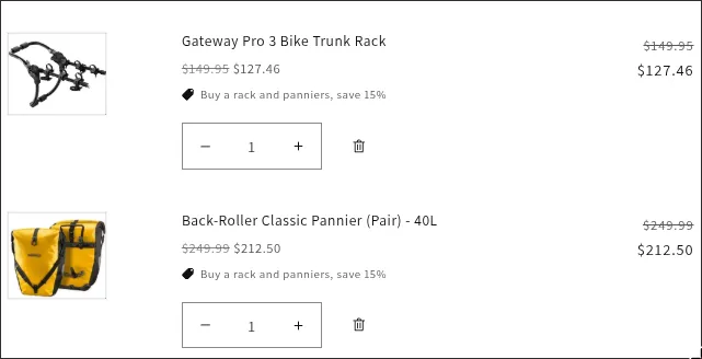 Cart with a rack and a pair of panniers, both 15% off