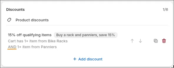 The discount in the list: Cart has 1+ item from Bike Racks AND 1+ item from Panniers