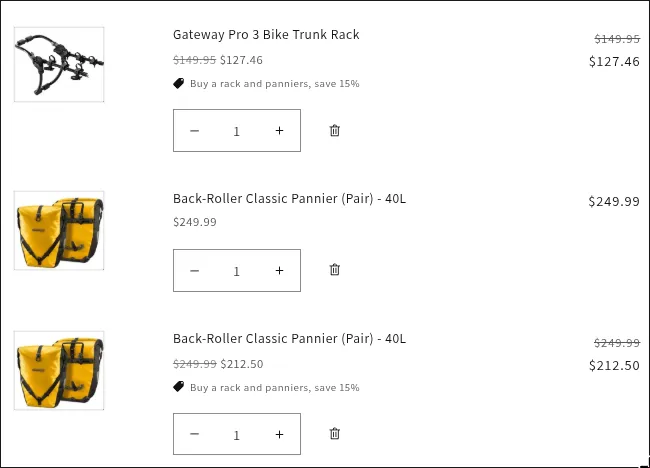Cart with a rack and two pairs of panniers: the rack and one pair are 15% off, the second pair is full price