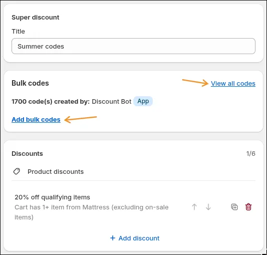 Bulk codes card on a Super Discount, with Add bulk codes and View all codes links
