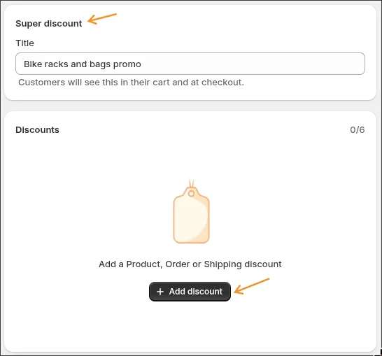 A new Super discount with a title and an empty Discounts list