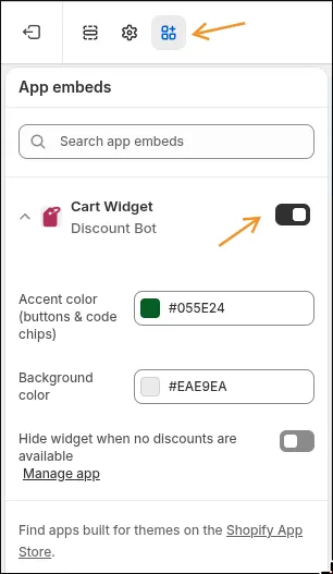 Theme app embed toggle in the Shopify theme editor