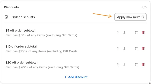 Three tiered order discounts at $50, $100 and $200 minimums with Apply maximum selected in Discount Bot