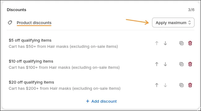 Three tiered product discounts on the Hair Masks collection at rising spend amounts with Apply maximum