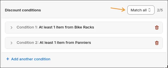 Two conditions, Bike Racks and Panniers, with Match all