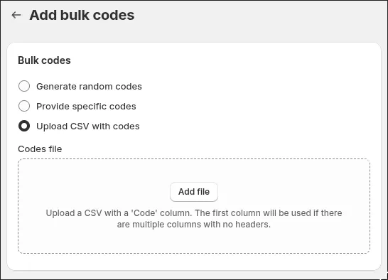 Upload CSV with codes option showing the codes file dropzone