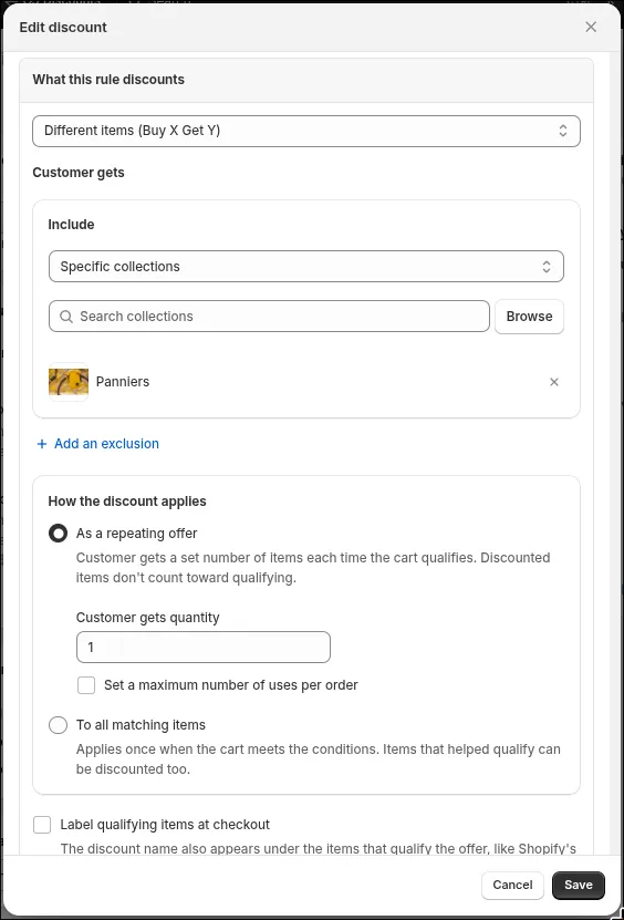 What this rule discounts set to Different items, with the reward selection and How the discount applies below it